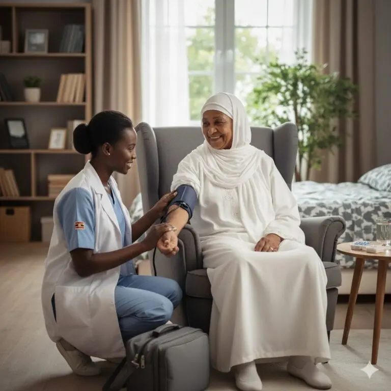 Home Nursing Services in Riyadh: This image captures a warm and compassionate moment during a home healthcare visit. Here's a breakdown of what’s happening: 🏠 Setting The scene takes place in a cozy, well-lit room—likely a bedroom or living room. There's a bed in the background, a side table with a glass of water and medication, and a bookshelf with personal items, suggesting a lived-in, comfortable space. 👩‍⚕️ Healthcare Professional Dressed in a white coat and blue scrubs, she’s likely a nurse or doctor. She’s gently taking the blood pressure of an elderly woman, using a cuff and stethoscope. Her medical bag on the floor indicates this is a home visit, part of in-home care services. 👵 Elderly Woman She’s seated in an armchair, wearing a traditional white outfit and headscarf. Her warm smile and relaxed posture suggest she feels safe and cared for. 💡 Themes and Significance Home healthcare: Highlights the importance of medical professionals providing care in familiar environments. Elderly care: Emphasizes monitoring vital signs and maintaining health in aging populations. Human connection: The interaction feels personal and respectful, showing empathy and trust between caregiver and patient.