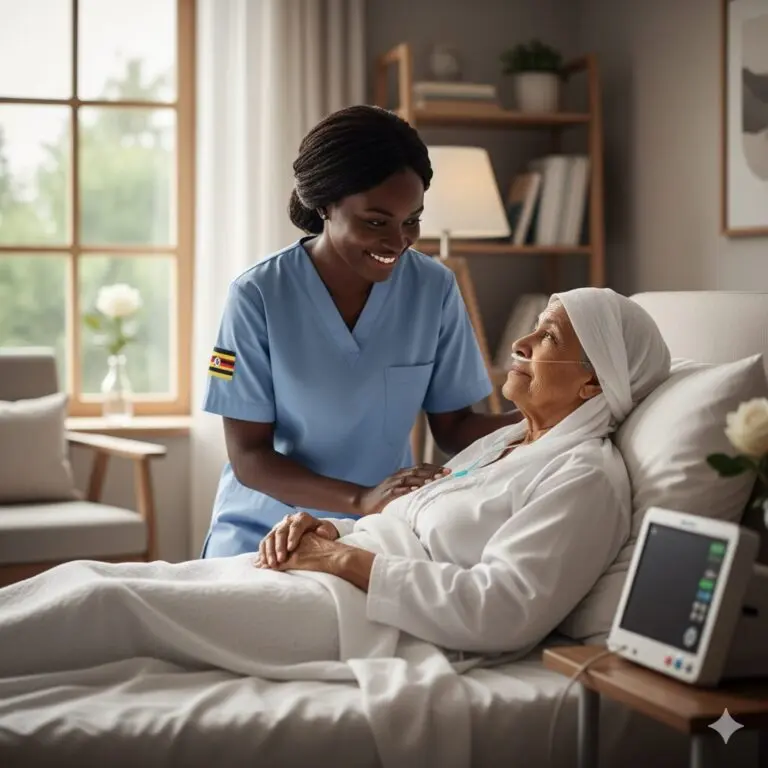 Palliative Care at Home Riyadh: This image portrays a compassionate moment in a healthcare setting, likely a hospital or long-term care facility. Here's a detailed breakdown: 🏥 Environment The room is warmly lit and thoughtfully furnished, with a lamp, bookshelves, and a window letting in natural light—creating a comforting, home-like atmosphere despite being a medical space. A medical monitor beside the bed displays the patient’s vital signs, indicating close health monitoring. 👩‍⚕️ Nurse Dressed in blue scrubs, the nurse is attentively caring for the patient. A patch of the Ugandan flag on her sleeve suggests her nationality or professional affiliation, possibly highlighting international healthcare support or a Ugandan medical institution. 👵 Patient The elderly woman lies in a hospital bed, wearing a white robe and head covering. She has a nasal cannula, providing oxygen support—often used in palliative care or for patients with respiratory conditions. Her posture and the nurse’s attentive presence suggest a moment of reassurance and care. 💡 Themes and Significance Compassionate care: The image emphasizes empathy and dignity in patient treatment. Palliative or long-term care: It reflects the importance of comfort and emotional support in serious or chronic health conditions. Global healthcare: The Ugandan flag hints at the broader context of international medical professionals and services.
