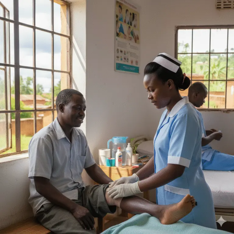 Wound Home Care in Riyadh: This image captures a moment in a healthcare setting where compassionate care is being delivered: 🏥 Scene Overview Primary Focus: A nurse in a blue uniform and white cap is attending to a male patient’s leg. She’s wearing gloves and appears to be examining or treating his lower leg or foot. Patient Details: The man is seated near a window, dressed in a light shirt and dark pants, suggesting a calm, outpatient environment. Background Activity: Another healthcare worker is assisting a different patient who is lying on a bed, indicating that this is a multi-patient care room. Environment: The room has large barred windows letting in natural light, a table with medical supplies like bottles and containers, and a health-related poster on the wall—typical of a community clinic or rural health center. 💡 What It Represents Hands-on Care: The image highlights direct patient care, especially wound or limb treatment. Resourceful Setting: It reflects healthcare delivery in a modest, possibly under-resourced environment, emphasizing dedication over luxury. Teamwork: Multiple caregivers working simultaneously shows coordinated efforts to serve several patients.